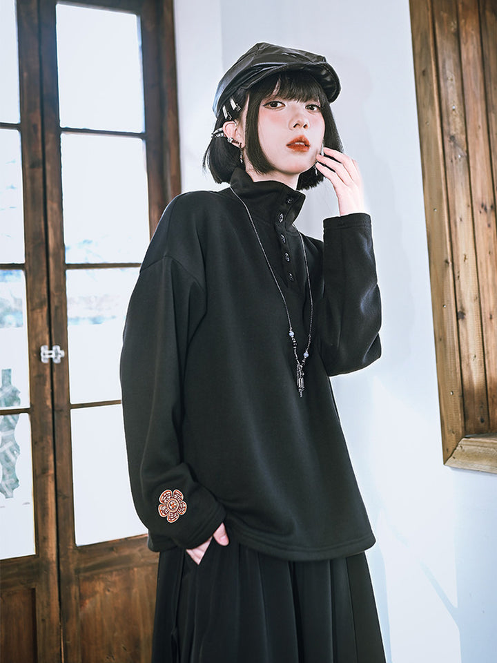 Black Floral Embroidered Stand-Collar Long-Sleeve Top