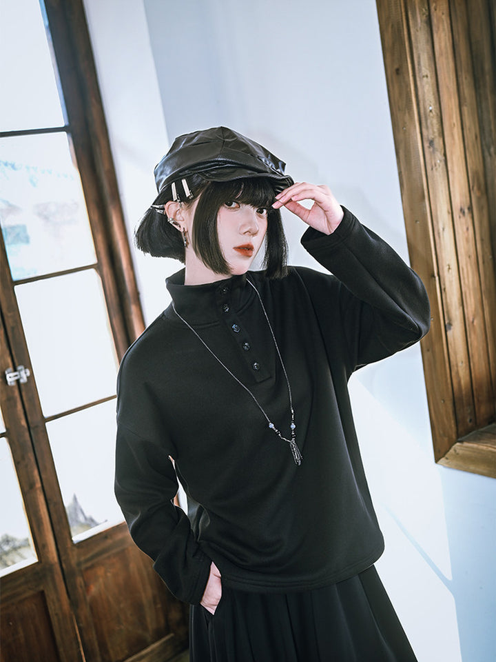Black Floral Embroidered Stand-Collar Long-Sleeve Top