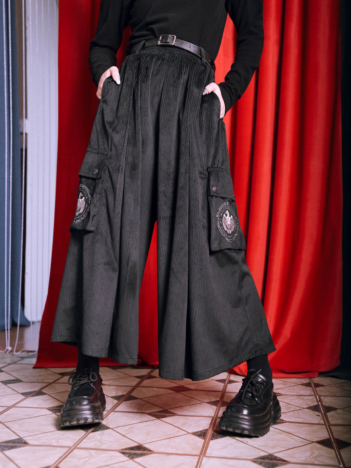 Black Golden Crow Embroidered Corduroy Cargo Wide-Leg Pants