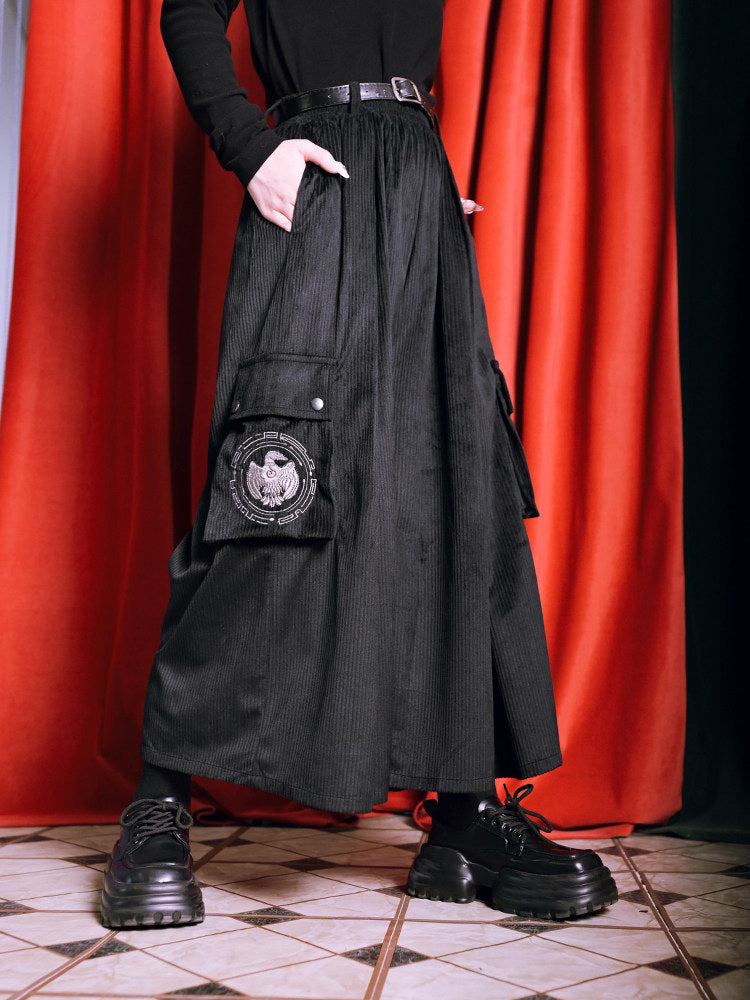 Black Golden Crow Embroidered Corduroy Cargo Wide-Leg Pants