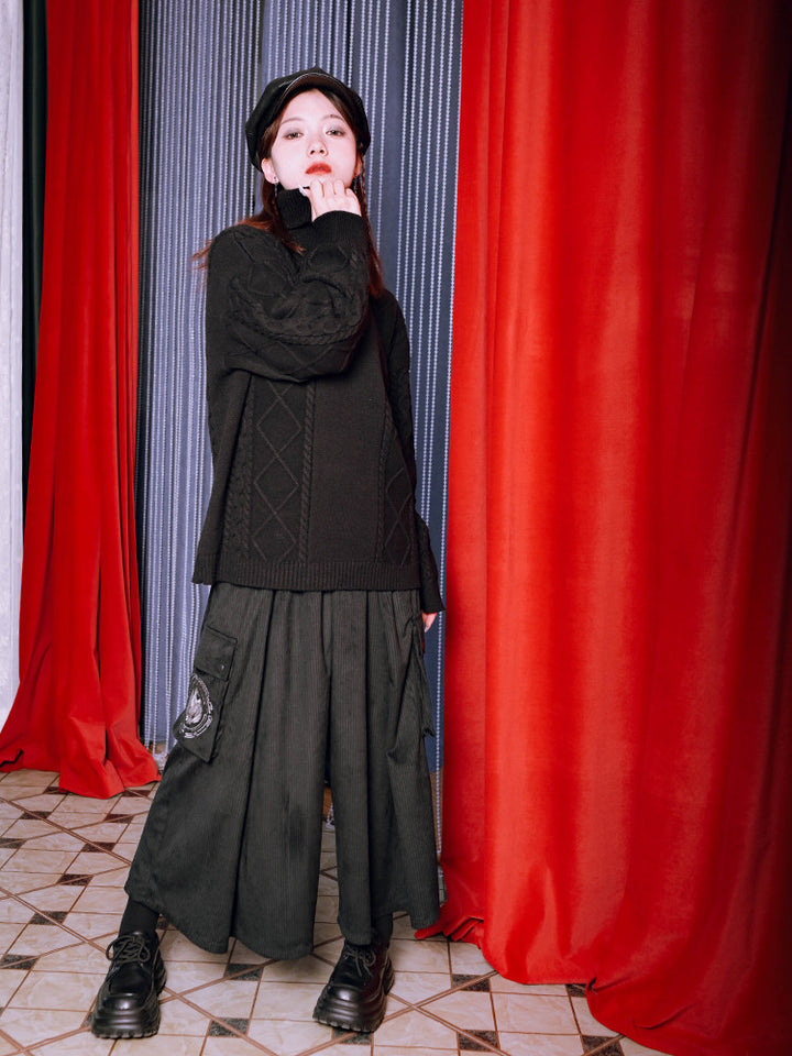 Black Golden Crow Embroidered Corduroy Cargo Wide-Leg Pants