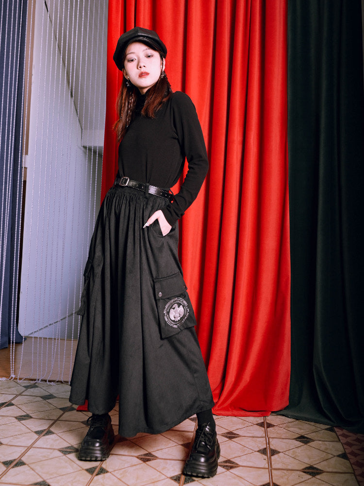 Black Golden Crow Embroidered Corduroy Cargo Wide-Leg Pants
