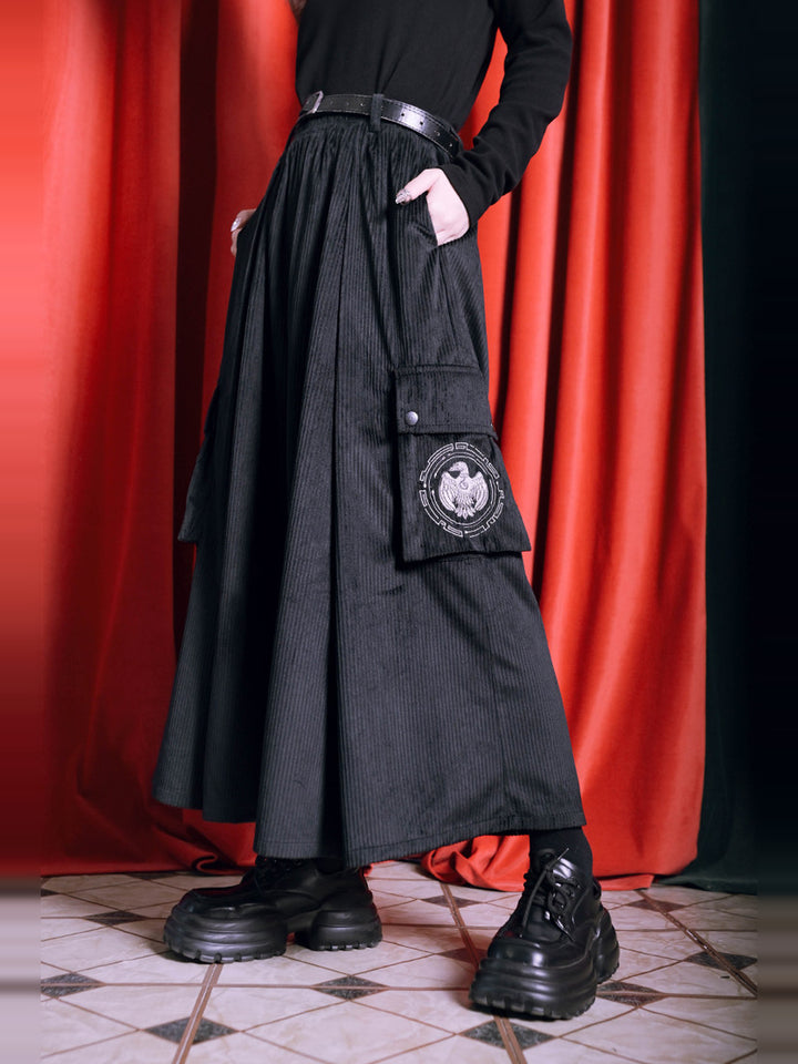 Black Golden Crow Embroidered Corduroy Cargo Wide-Leg Pants