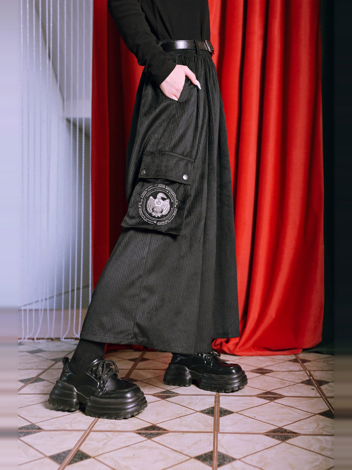 Black Golden Crow Embroidered Corduroy Cargo Wide-Leg Pants
