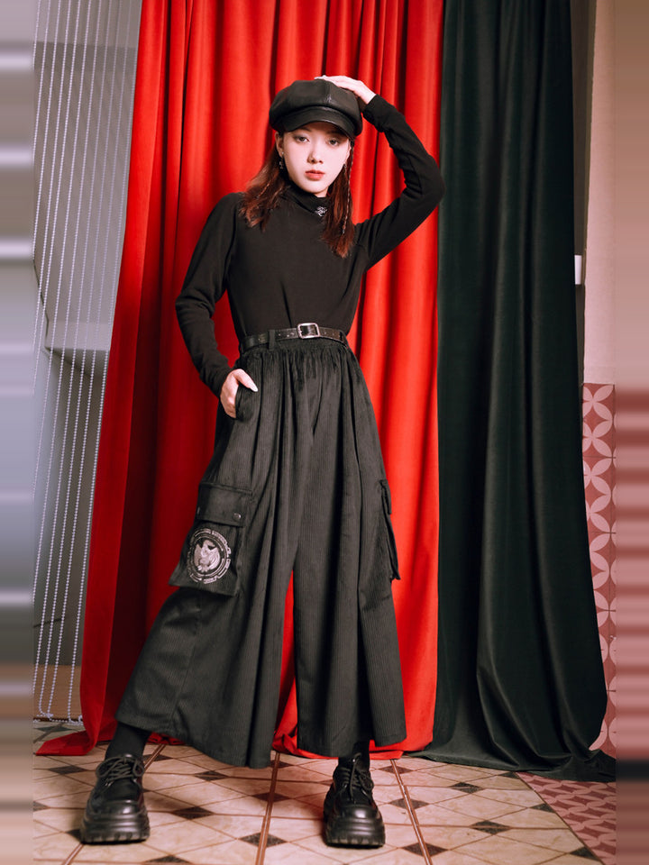 Black Golden Crow Embroidered Corduroy Cargo Wide-Leg Pants
