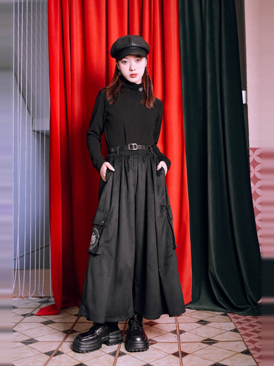 Black Golden Crow Embroidered Corduroy Cargo Wide-Leg Pants