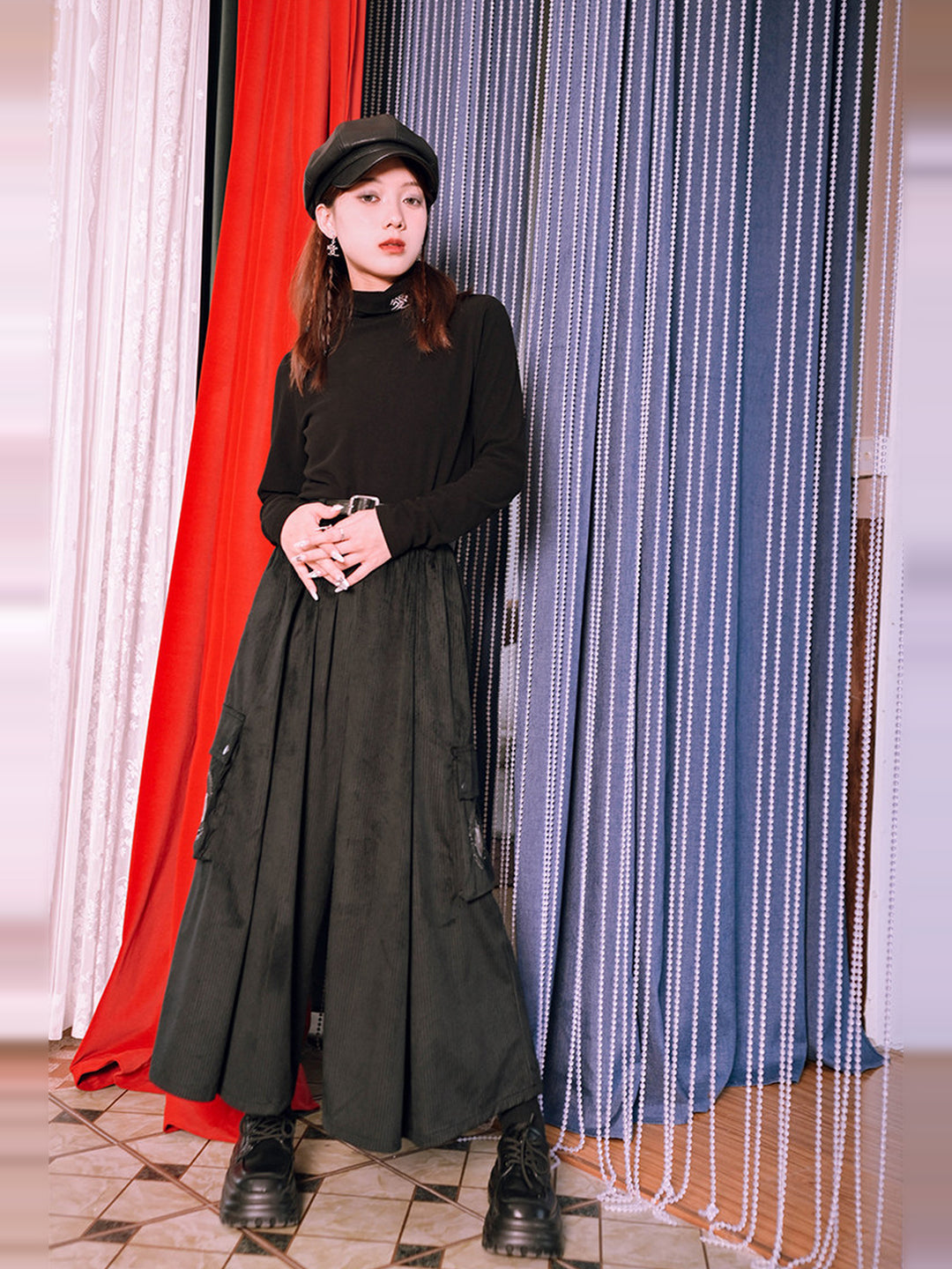 Black Golden Crow Embroidered Corduroy Cargo Wide-Leg Pants