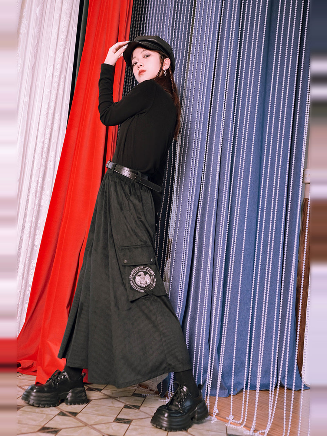 Black Golden Crow Embroidered Corduroy Cargo Wide-Leg Pants