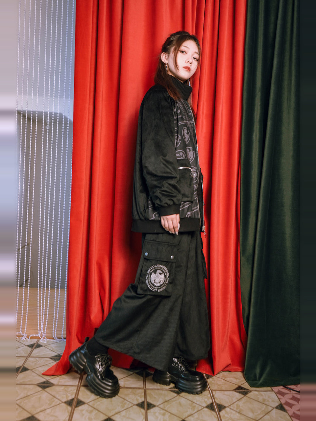 Black Golden Crow Embroidered Corduroy Cargo Wide-Leg Pants