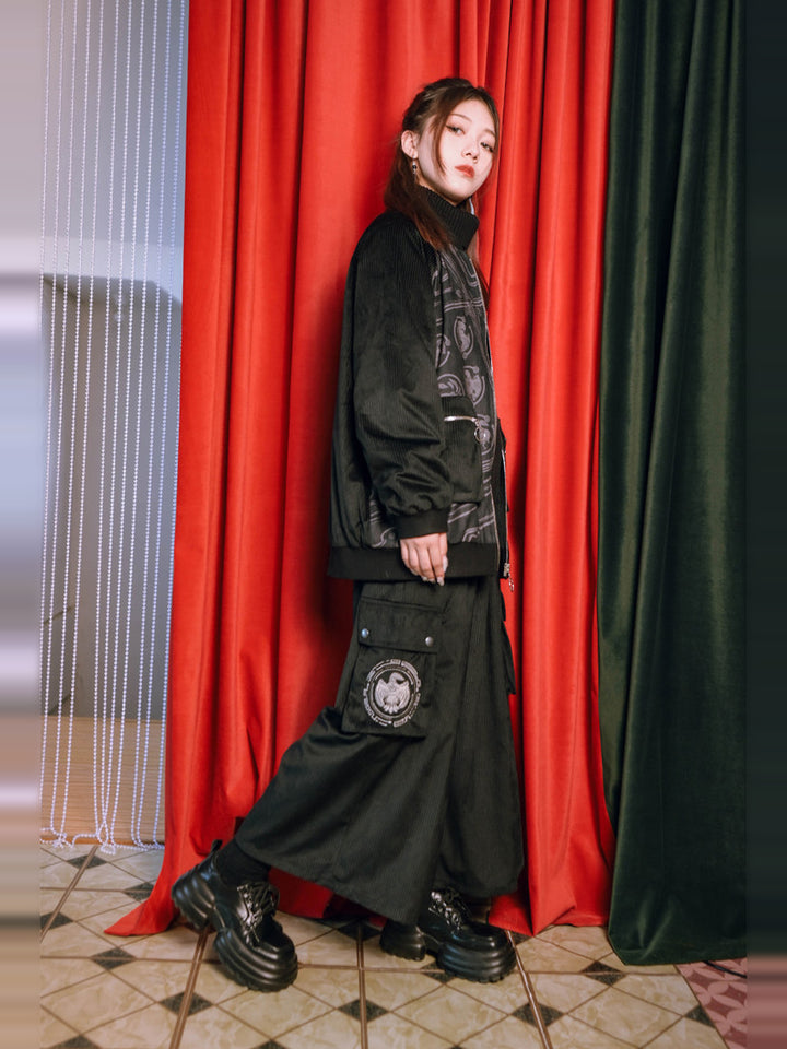 Black Golden Crow Embroidered Corduroy Cargo Wide-Leg Pants