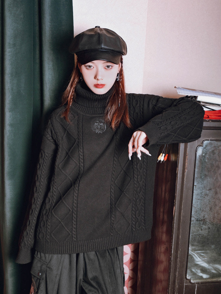Black Golden Crow Embroidered Cable-Knit Turtleneck Sweater