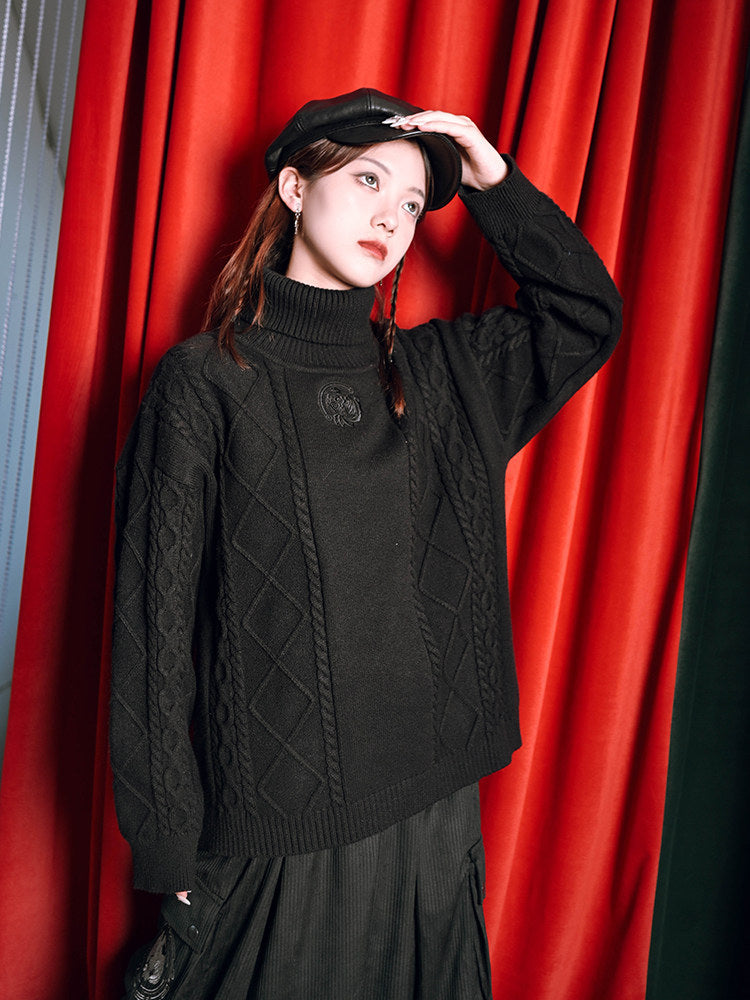 Black Golden Crow Embroidered Cable-Knit Turtleneck Sweater