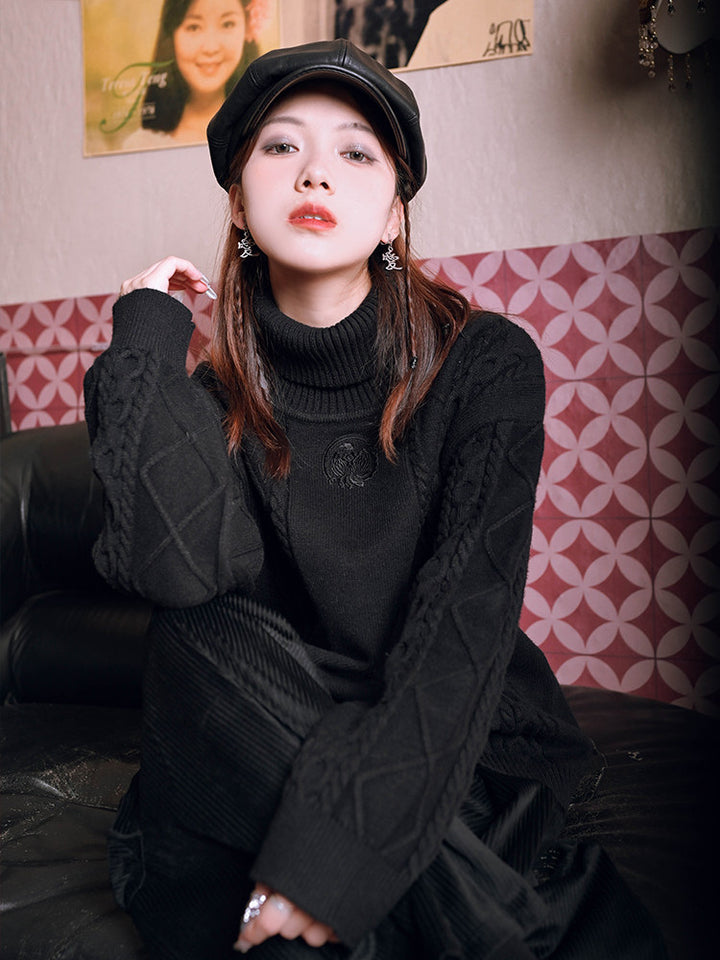 Black Golden Crow Embroidered Cable-Knit Turtleneck Sweater