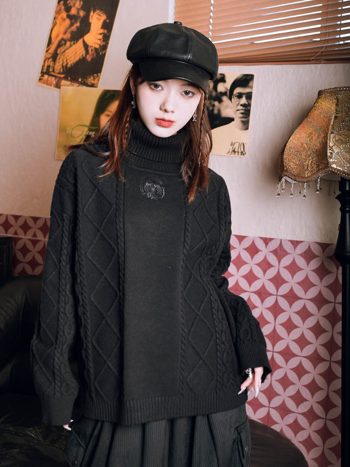 Black Golden Crow Embroidered Cable-Knit Turtleneck Sweater