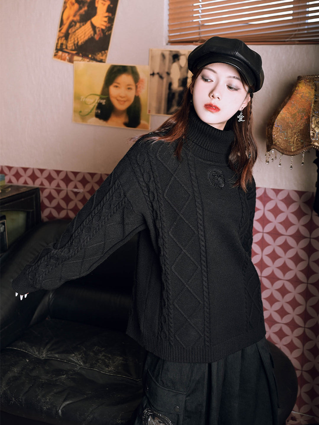 Black Golden Crow Embroidered Cable-Knit Turtleneck Sweater