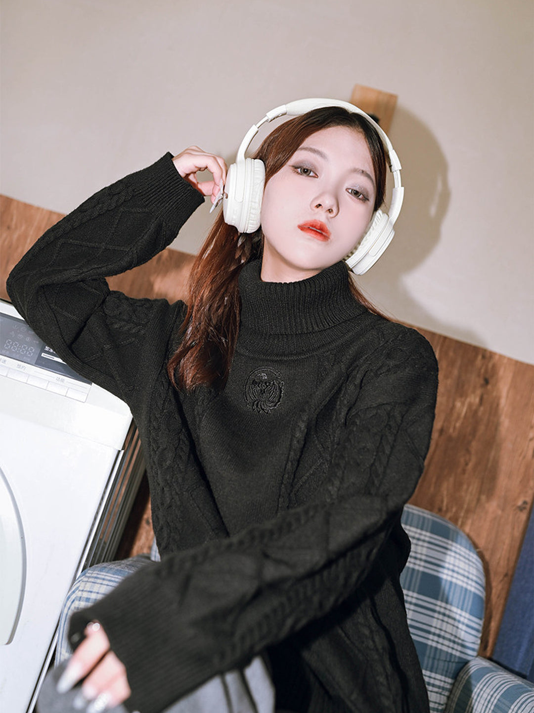 Black Golden Crow Embroidered Cable-Knit Turtleneck Sweater