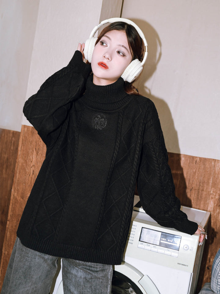 Black Golden Crow Embroidered Cable-Knit Turtleneck Sweater