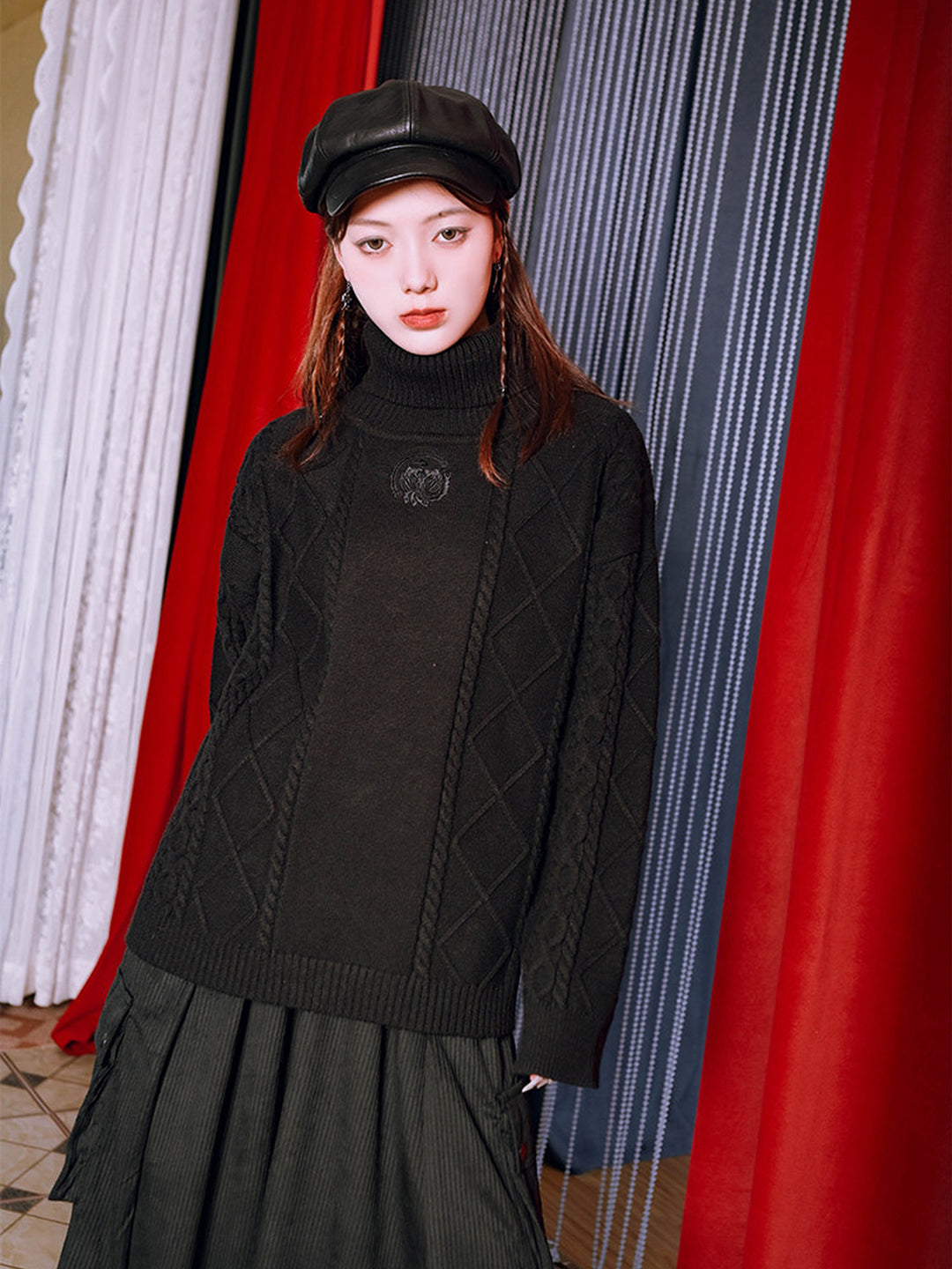 Black Golden Crow Embroidered Cable-Knit Turtleneck Sweater