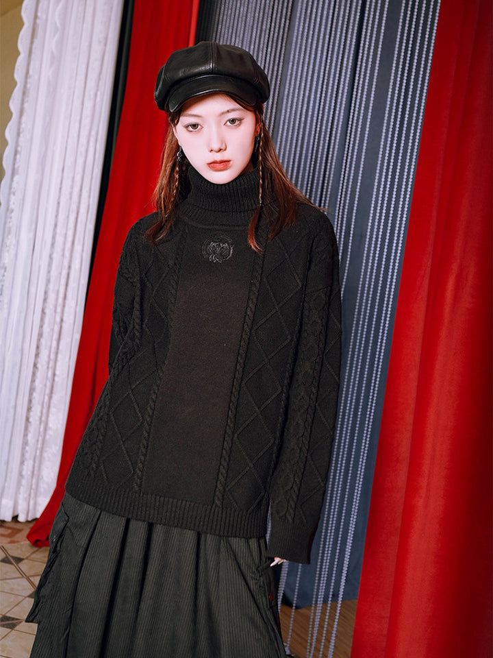 Black Golden Crow Embroidered Cable-Knit Turtleneck Sweater