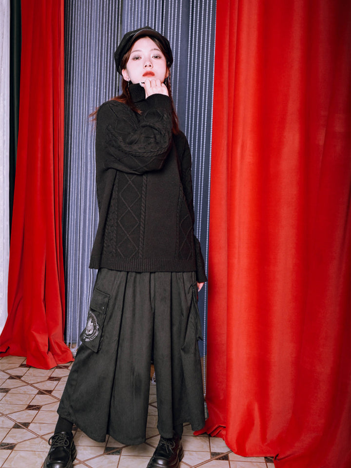 Black Golden Crow Embroidered Cable-Knit Turtleneck Sweater