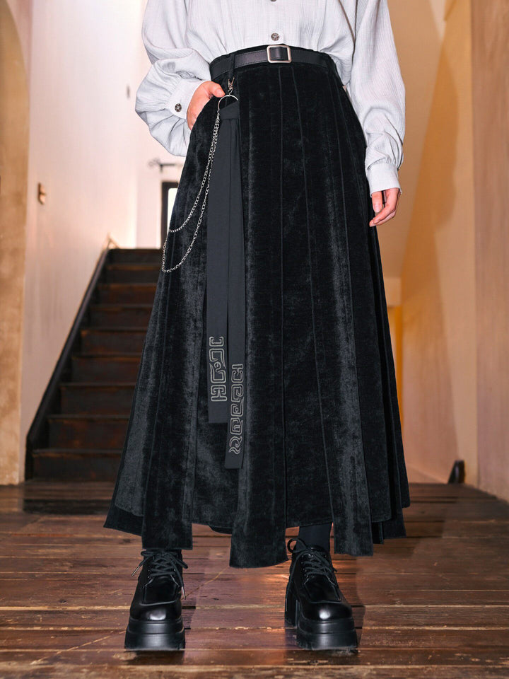Black Textured Paneled A-Line Maxi Skirt