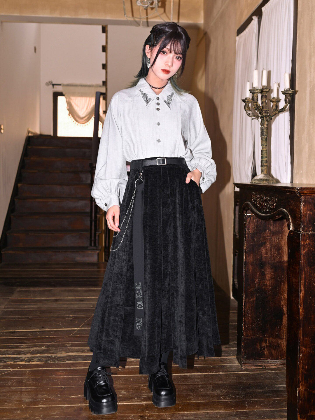 Black Textured Paneled A-Line Maxi Skirt