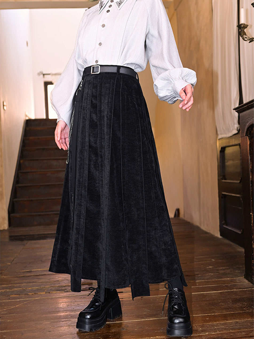 Black Textured Paneled A-Line Maxi Skirt