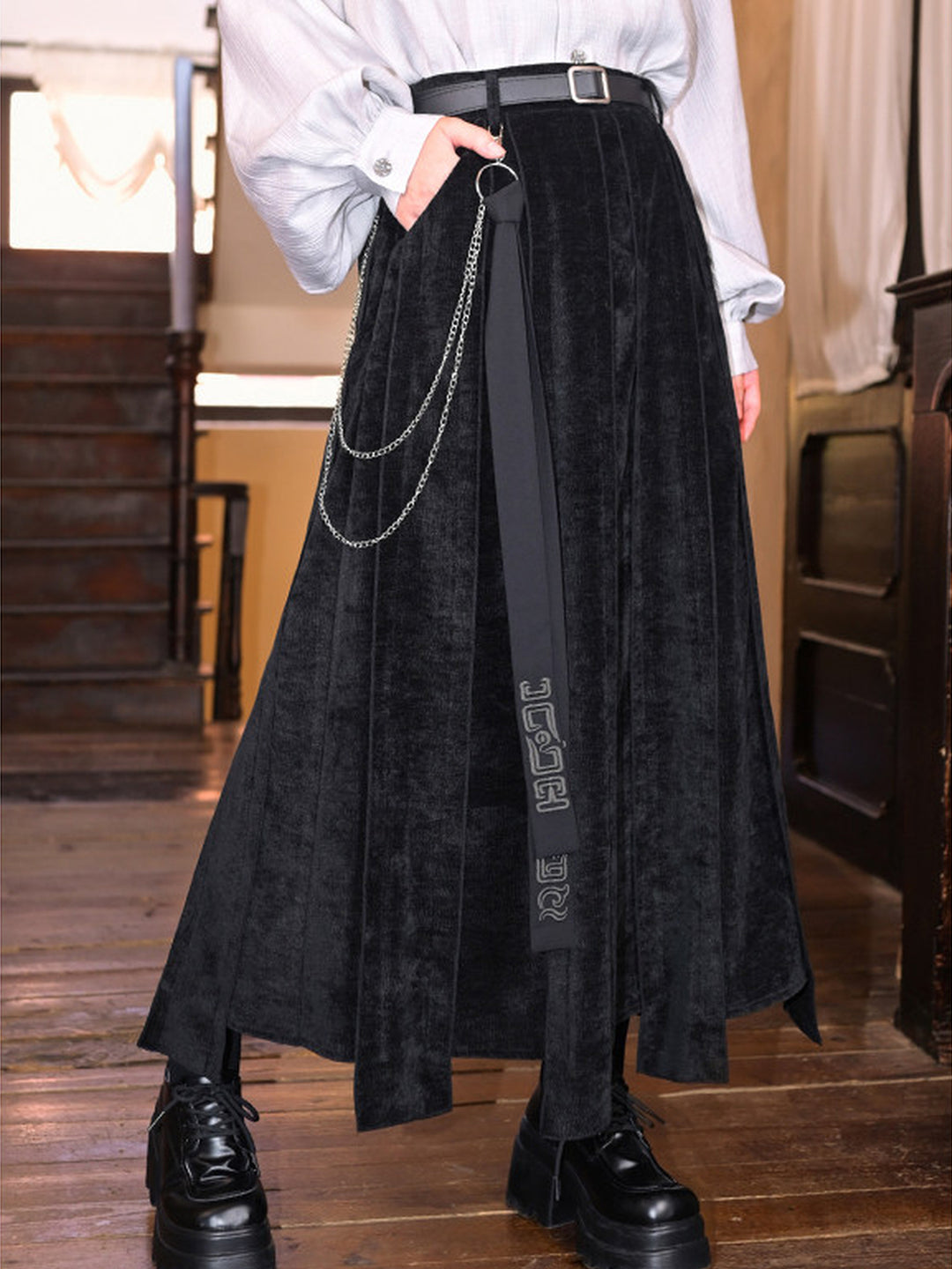Black Textured Paneled A-Line Maxi Skirt