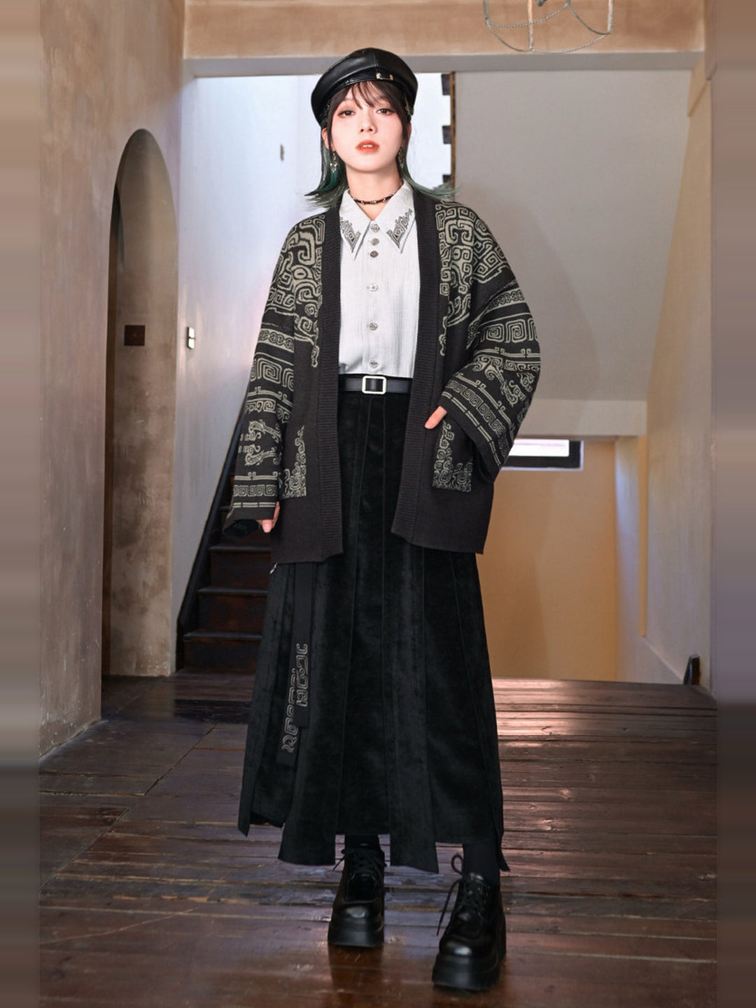Black Textured Paneled A-Line Maxi Skirt