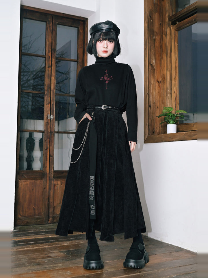 Black Textured Paneled A-Line Maxi Skirt