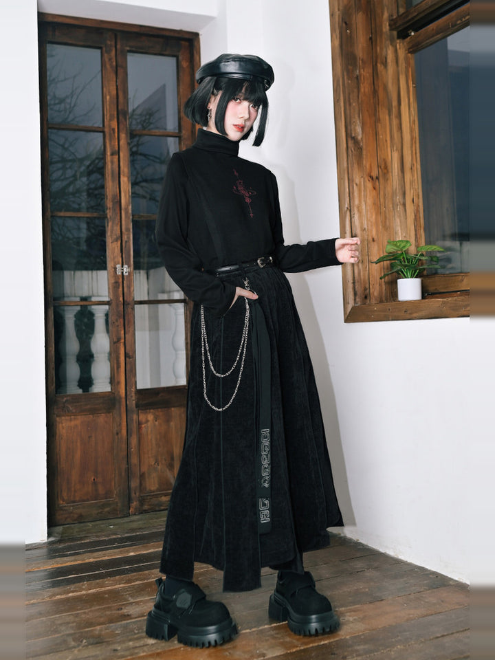 Black Textured Paneled A-Line Maxi Skirt