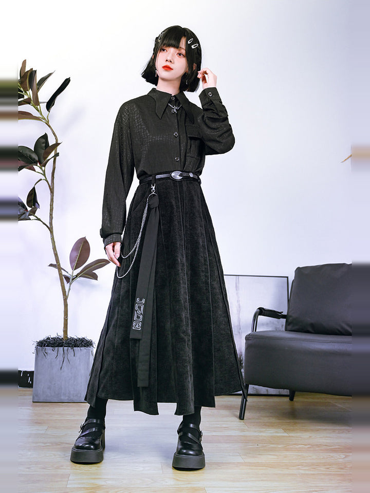 Black Textured Paneled A-Line Maxi Skirt