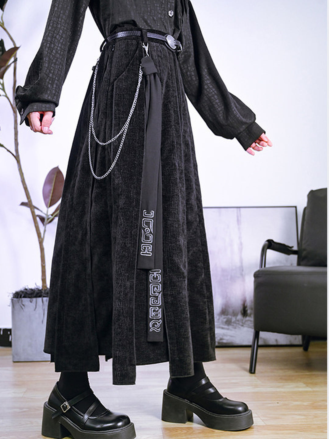 Black Textured Paneled A-Line Maxi Skirt