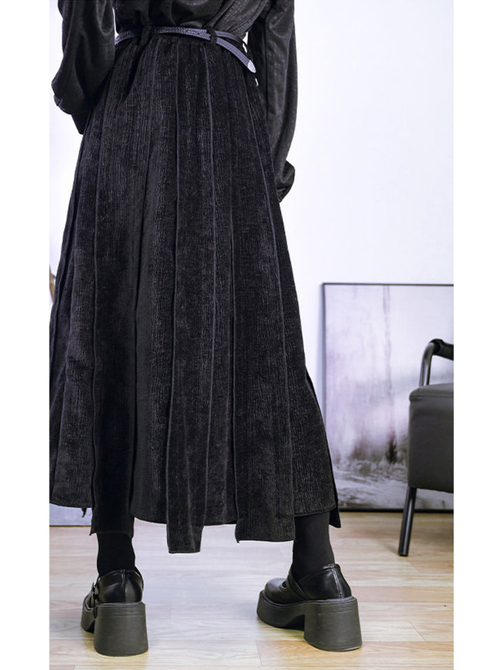 Black Textured Paneled A-Line Maxi Skirt