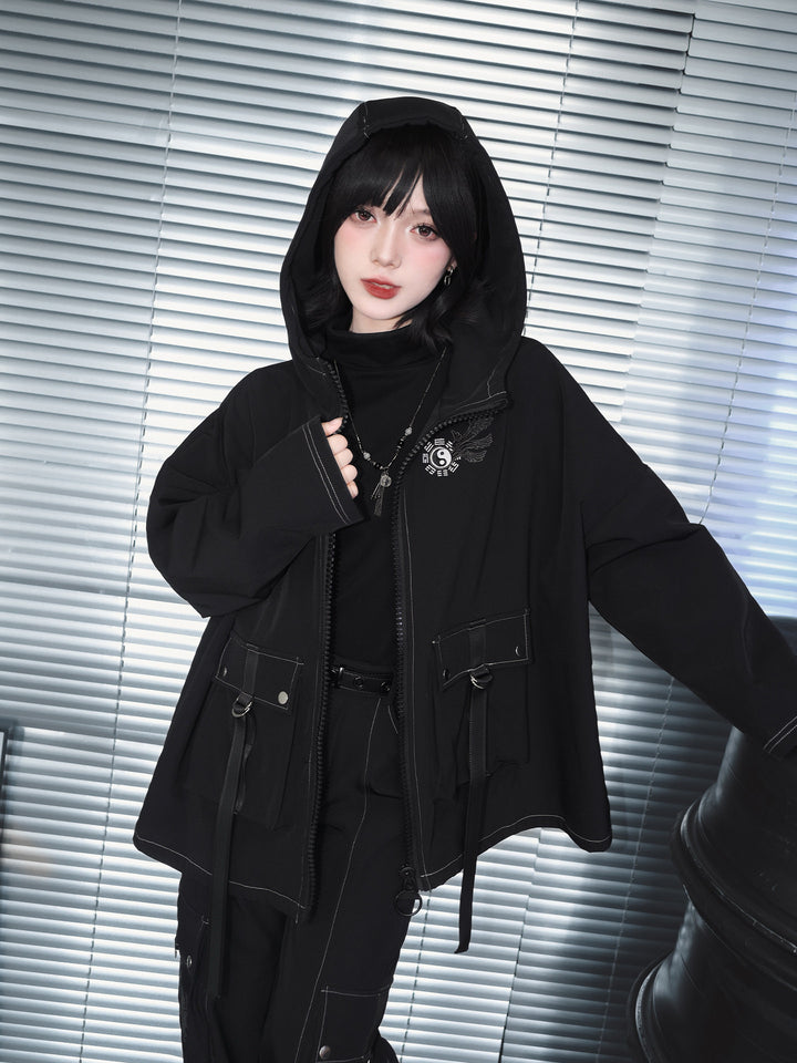 Black Winged Yin-Yang Embroidered Hooded Cargo Jacket