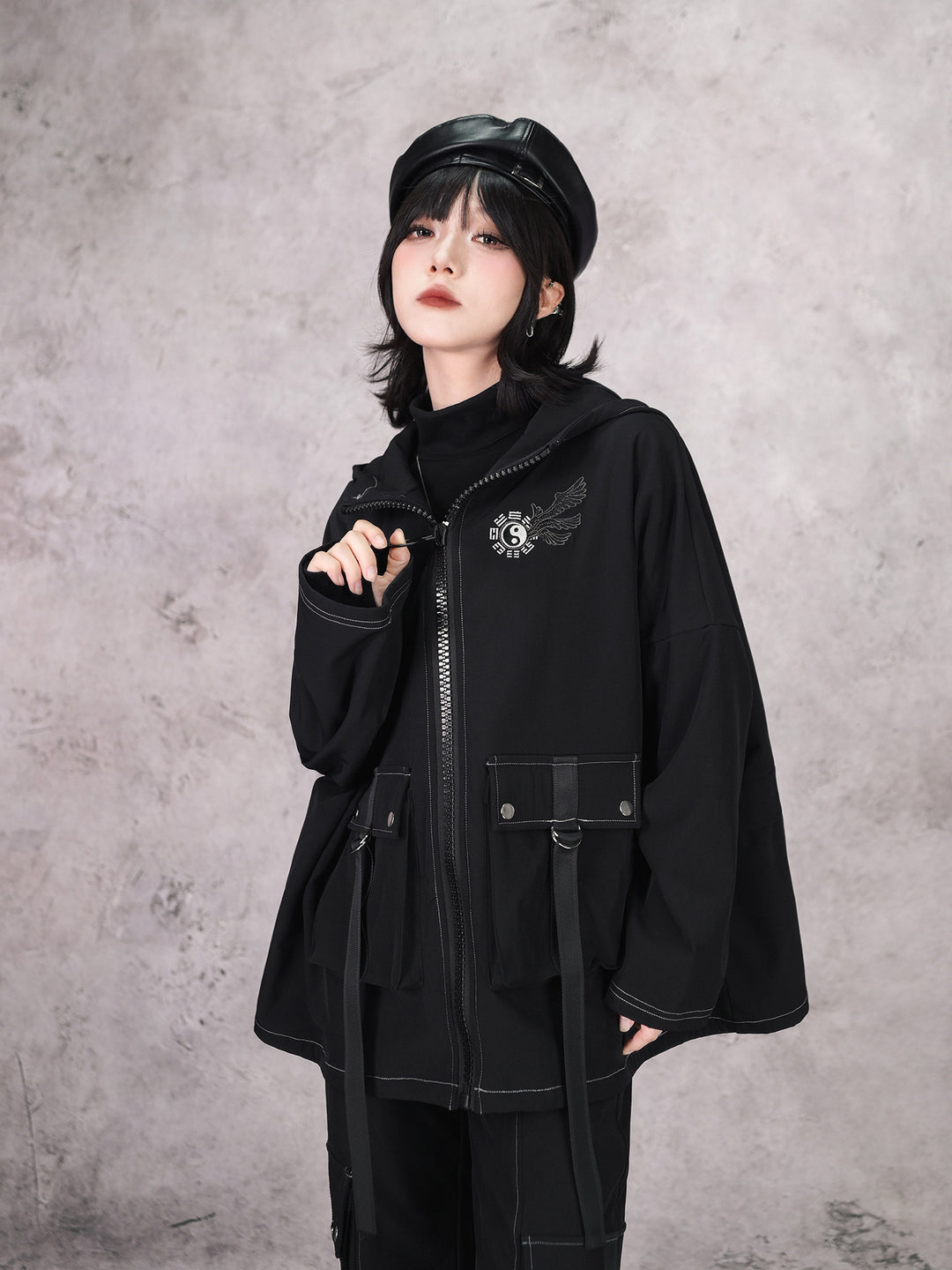 Black Winged Yin-Yang Embroidered Hooded Cargo Jacket
