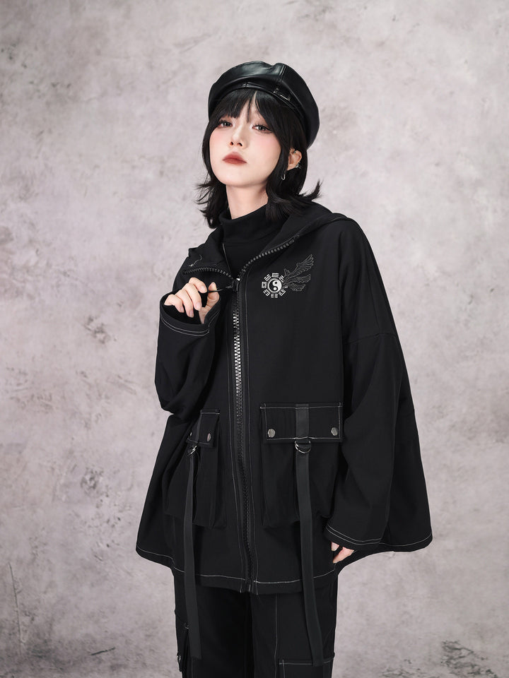 Black Winged Yin-Yang Embroidered Hooded Cargo Jacket