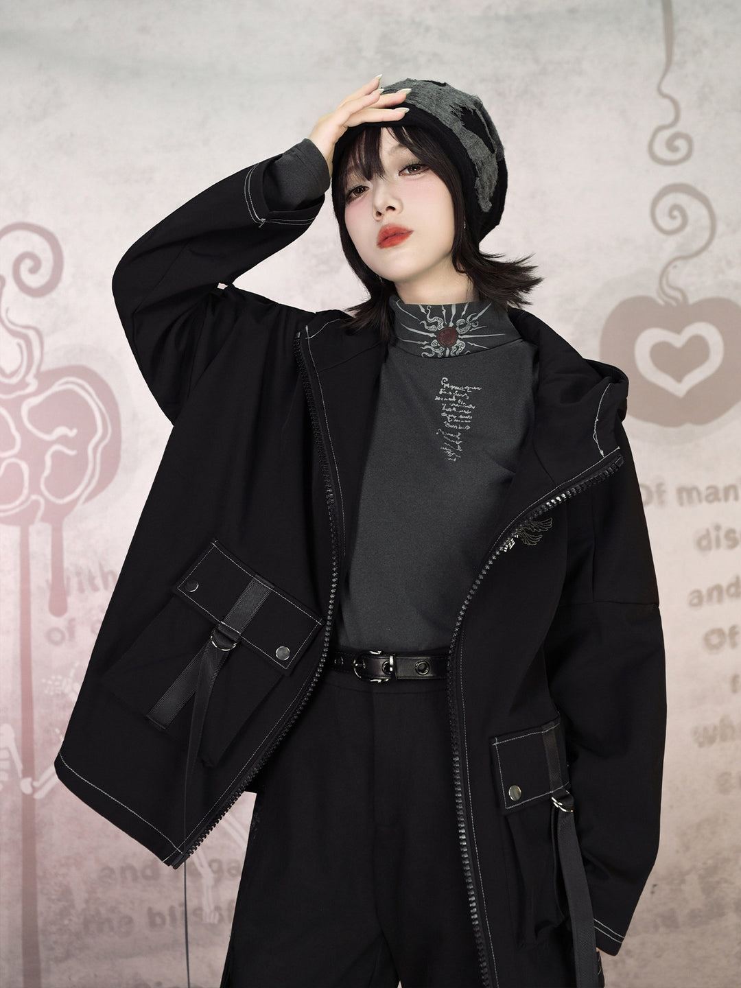 Black Winged Yin-Yang Embroidered Hooded Cargo Jacket
