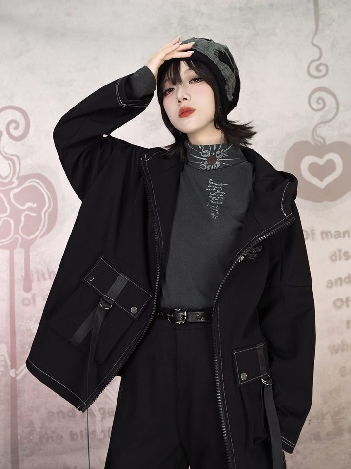 Black Winged Yin-Yang Embroidered Hooded Cargo Jacket