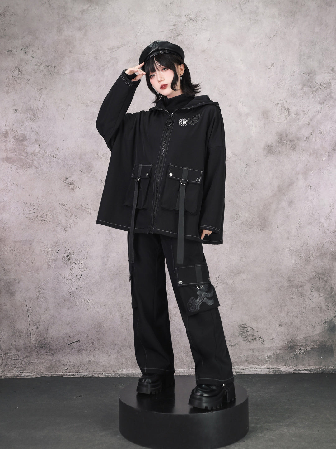 Black Winged Yin-Yang Embroidered Hooded Cargo Jacket