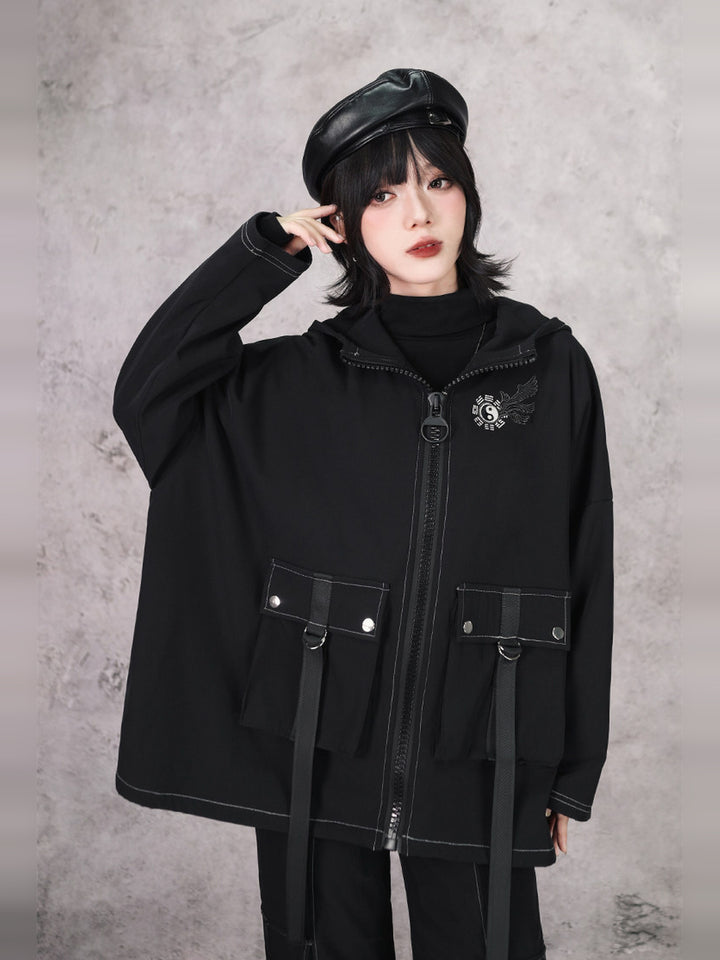 Black Winged Yin-Yang Embroidered Hooded Cargo Jacket