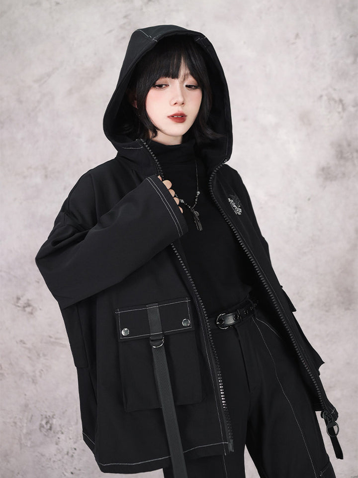 Black Winged Yin-Yang Embroidered Hooded Cargo Jacket