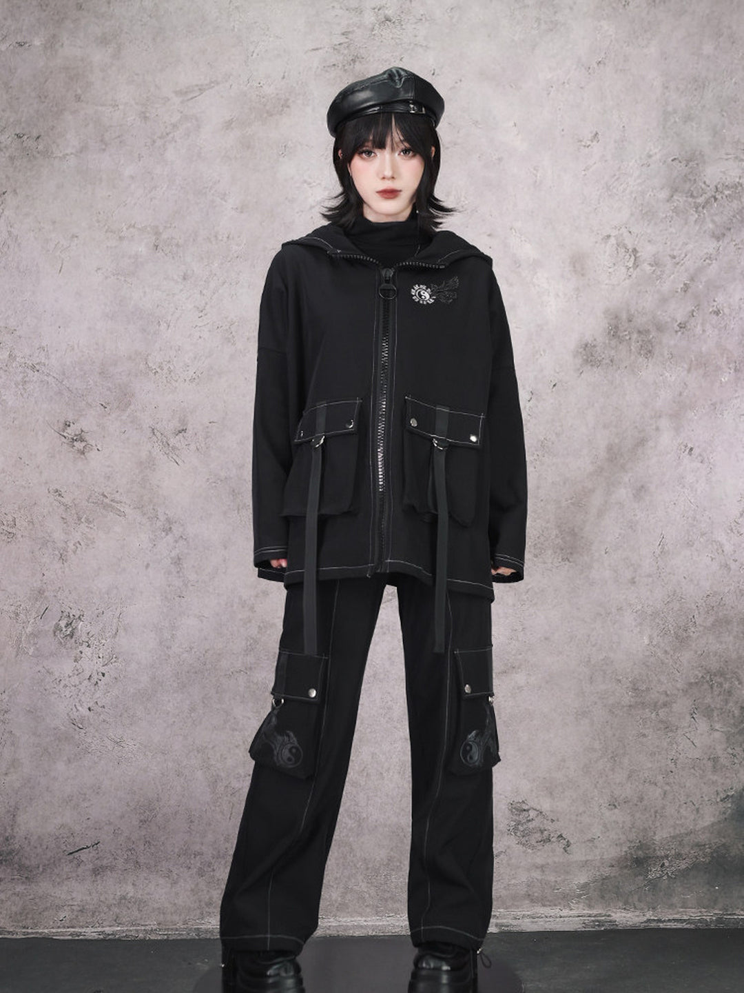 Black Winged Yin-Yang Embroidered Hooded Cargo Jacket