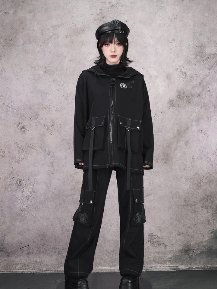 Black Winged Yin-Yang Embroidered Hooded Cargo Jacket