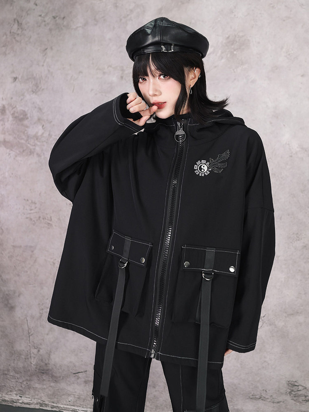 Black Winged Yin-Yang Embroidered Hooded Cargo Jacket