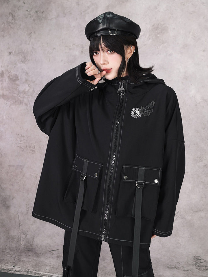 Black Winged Yin-Yang Embroidered Hooded Cargo Jacket