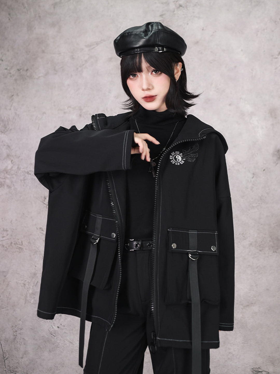 Black Winged Yin-Yang Embroidered Hooded Cargo Jacket