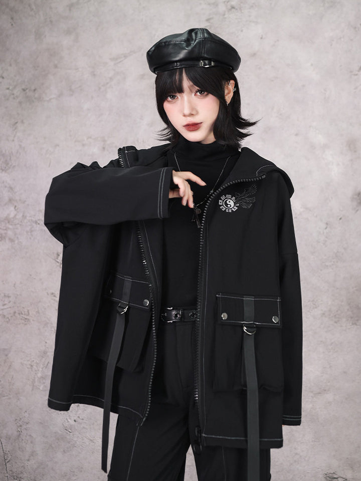 Black Winged Yin-Yang Embroidered Hooded Cargo Jacket