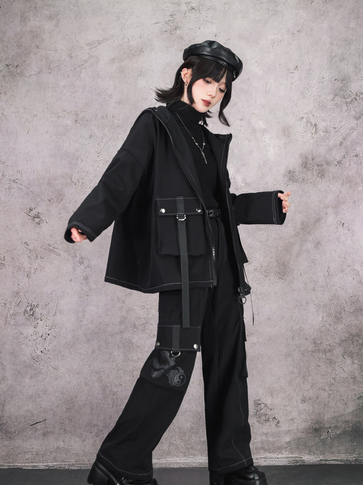 Black Winged Yin-Yang Embroidered Hooded Cargo Jacket