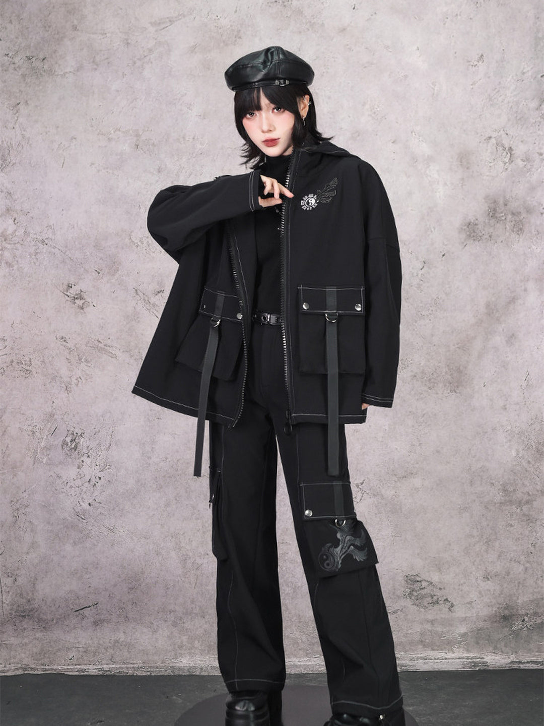 Black Winged Yin-Yang Embroidered Hooded Cargo Jacket